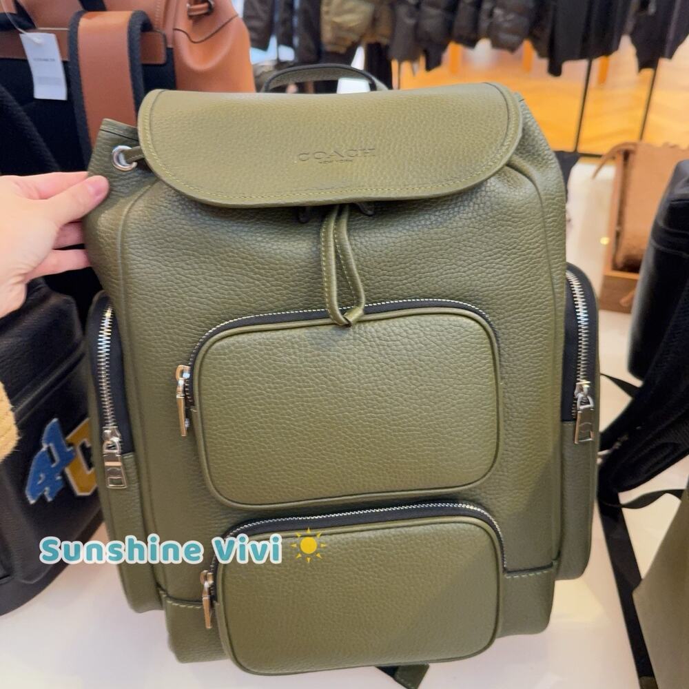 NWT Coach Finn Backpack Silver/Olive CDC72 Soft Pebble Leather